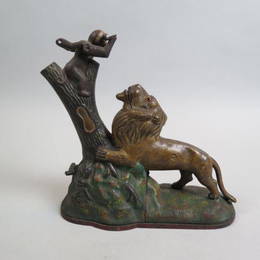 Victorian Cast Iron Mechanical Bank Monkey & Lion,