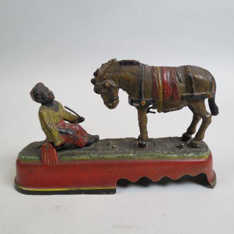 Victorian Cast Iron Mechanical Bank,: "Always Did Spise A Mule", original paint, 6 1/2" tall, 9 1/2" long.