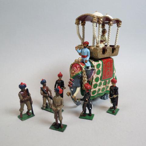 Vintage Kingcast Lead Toy Set,: Royal passenger on elephant with guardsmen, boxed marked set A9, elephant is 3" tall.....Kingcast toy soldiers was started by Peter Cowan in Wales. Hand painted Peter produced a variety of figures, el