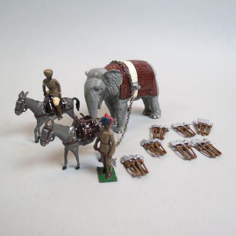 Vintage Kingcast Lead Toy Set,: elephant, donkeys and workers, marked "3rd Bombay Sappers & Miners", elephant is 3" tall.....Kingcast toy soldiers was started by Peter Cowan in Wales. Hand painted Peter produced a variety of figures