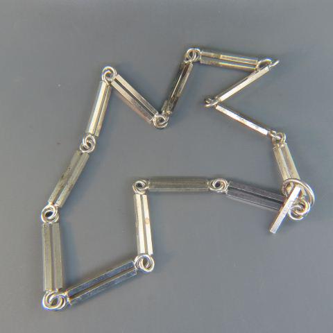 Fine Sterling Silver Watch Chain or Necklace,: double bar and link design, 17" long, marked .925, maker E.F., 35 grams, excellent.
