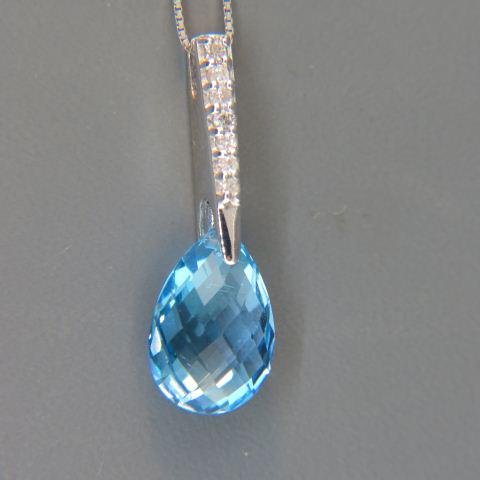 Blue Topaz & Diamond Pendant & Chain,: 14K gold with fancy briolette teardrop gem with 7 diamonds above totaling .10 carat, all white gold, pendant is 1" long, chain is 18" long, 2.6 grams.
