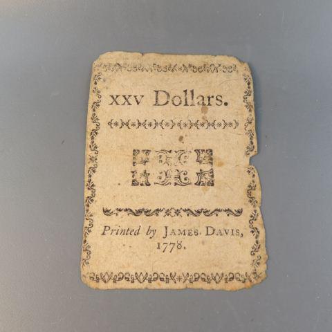 1778 North Carolina $25 Continental Currency Note,: printed by James Davis, #3689, well circulated.