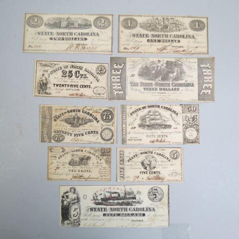 9 pcs. North Carolina Confederate Currency,: 5 cents through 5 dollars, most 1863 but scarcer 1862 $5.00 note, an interesting estate find in nice condition, all signed, all genuine.