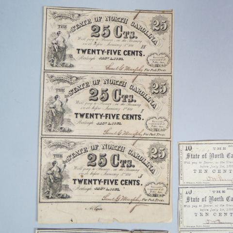 3 Scarce Confederate Uncut Sheet of N.C. Currency,: 1861 10 cent notes, sheet of 5 and 2 - 1863 25 cent note sheets with 3 notes each, all original.