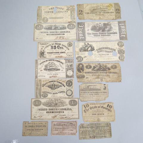 9 Confederate Currency Notes,: 1861 through 1864 various denominations, North Carolina, Georgia & Virginia, two are cut cancelled, all circulated, all original.