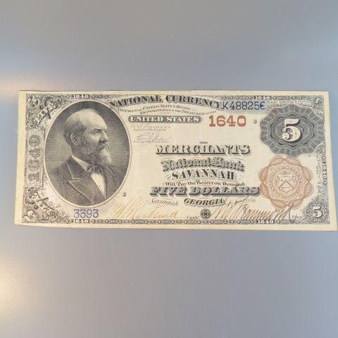 1882 U.S. $5.00 National Currency, Savannah, GA,: Brown Bank, large size, a very fine example, Charter 1640, #3393, scarce.