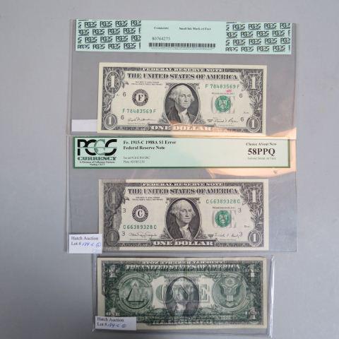 3 U.S. $1.00 Federal Reserve Error Notes,: solvent smear, overprint offset error and ink transfer error, 2 certified about new condition.