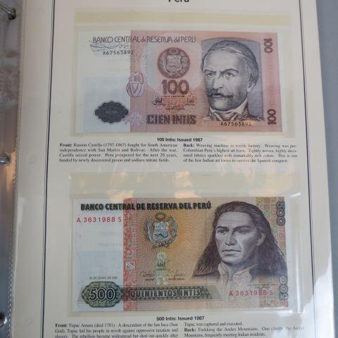 65 pc. World Banknote Collection, All Uncirculated: beautiful notes from Peru, Poland, Ukraine, Afghanistan, Belarus, Bulgaria, Kyrgystan, Macedonia, Mongolia, Myanmar, Uzbekistan & Yugoslavia in deluxe album.