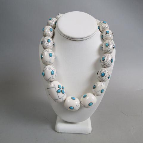 Turquoise, Sterling & Resin Designer Necklace,: oval gems in sterling bezels on graduated crackle eggshell oval beads, 21" long.