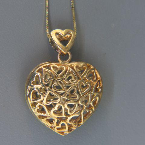 14K Gold Heart Necklace,: fancy openwork heart pendant, 14K yellow gold with sterling on one side, 1" pendant, 14K gold chain, 18" long, 7 grams.