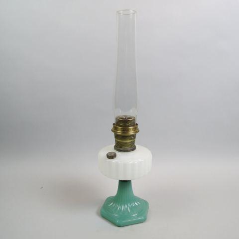 Aladdin Glass Lamp, White Moonstone on Green: moonstone, Corinthian pattern, 1936, B-125, 8 1/2" body, excellent.