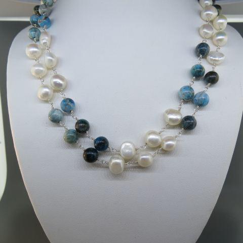 Larimar & Pearl Sterling Silver Necklace,: alternating trios, mostly 7mm, 36" long.