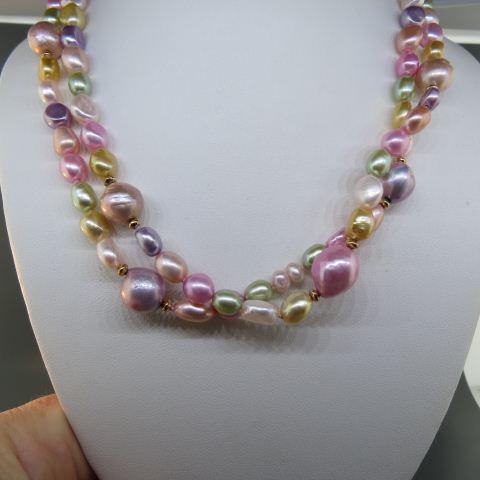 Multicolor Pearl Necklace,: double strand, gold on sterling, 17" long.