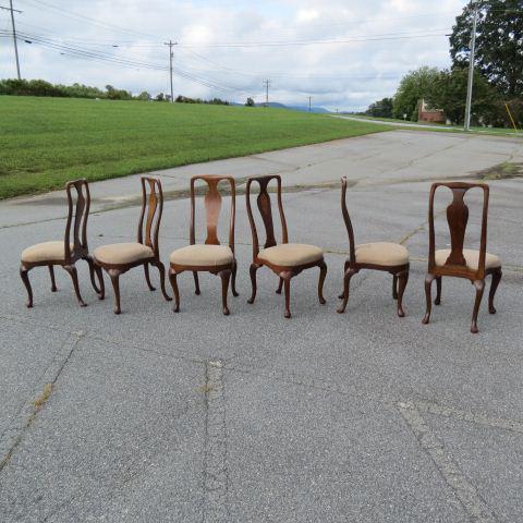 Set of 6 Italian Dining Chairs,: inlaid curved backs, Queen Anne legs, 41" tall, 19 1/2" wide, pegged construction.