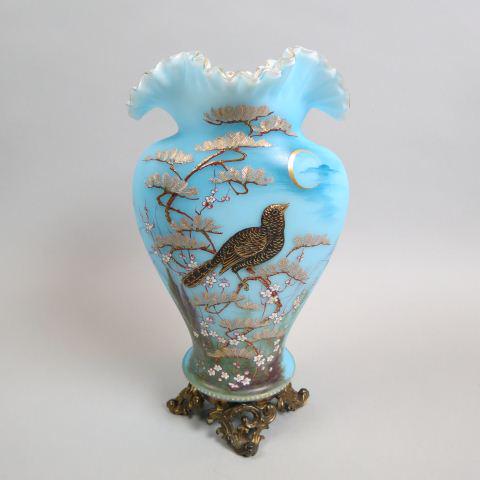 Harrach Art Glass Enameled Vase,: bird & floral on blue satin, gold trim, footed ormolu base, ruffle top, white cased, 12 3/4" tall, signed, numbered R-268, excellent.....The Harrach factory to my knowledge is one of if not the oldest