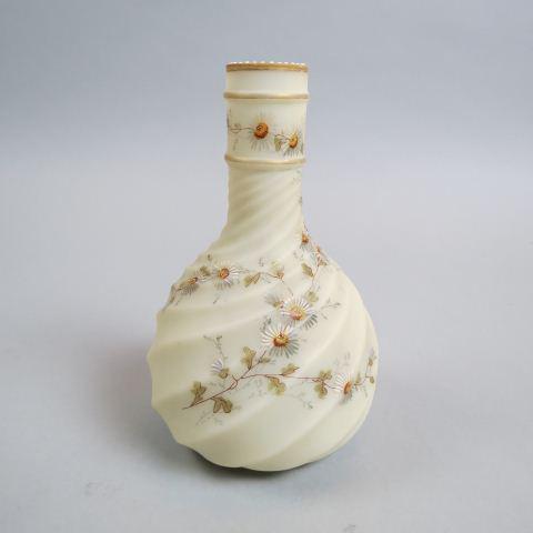 Smith Brothers Art Glass Vase,: enameled floral on twist design custard satin, 7" tall, signed, excellent.