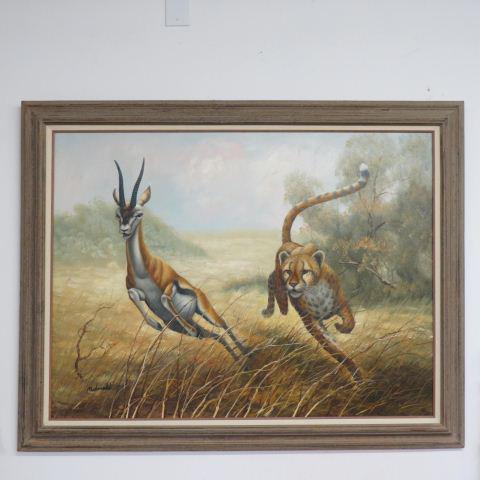 After Guy Coheleach,oil, "The Chase",: cheetah chasing gazelle, signed Mc Donald, on canvas, image area 36"x48"