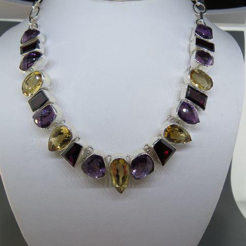 Amethyst, Garnet & Citrine Sterling Necklace,: various cut gems, fine colors, up to 18 1/2" long, 65.2 grams.
