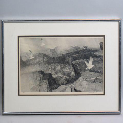 Stow Wengenroth, lithograph, Gulls, MONHEGAN: Along Rocky Coastline, New England, edition of 50, image area 11" x 16", nicely framed.............Stow Wengenroth, painter and lithographer, was born in Brooklyn, New York on July 25, 1906. Known for
