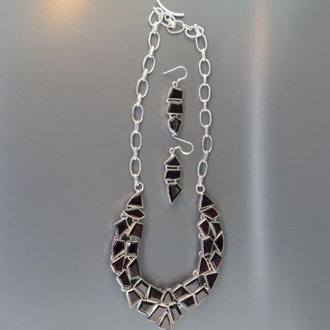 Garnet & Sterling Necklace & Earrings,: rich red fantasy cut gems totaling well over 200 carats, necklace up to 18" long, wire dangling earrings 1 1/2", 69 grams.