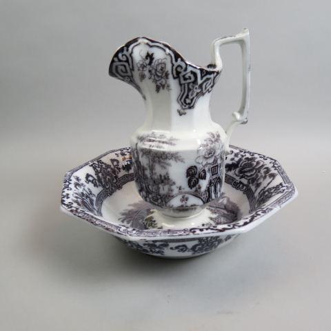 Early Ironstone Mulberry Transferware Pitcher/Bowl: Set, English, 14" hexagon bowl and similar 11 1/2" pitcher, circa 1860.