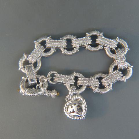 Judith Ripka Sterling Silver Bracelet,: fancy rope link and bar design with heart charm and CZ trim, 5/8" wide, up to 8 1/2" long, 55 grams.