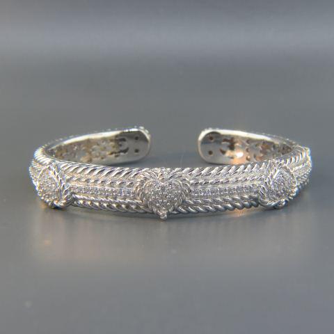 Judith Ripka Sterling Silver Cuff Bracelet,: heart and rope design, CZ studded, 3/8" wide, hinged opening, fancy openwork undercarriage, 46 grams, signed.