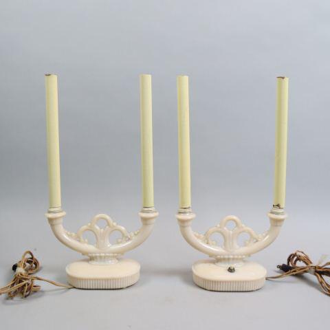 Pair of Aladdin Alacite Glass Lamps,: twin candelabra style arms, 6" tall plus faux candlestick, 9" wide.......Aladdin Lamp HistoryVictor Johnson (882-1943) founded the Mantle Lamp Company of America in Chicago in 1908 and imported the Pr