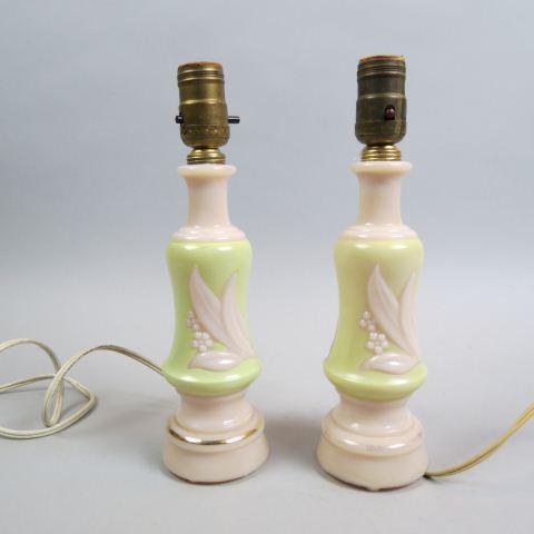 Pair of Aladdin Alacite Glass Boudoir Lamps,: Stanley pattern, floral, gold trim, 9" body.