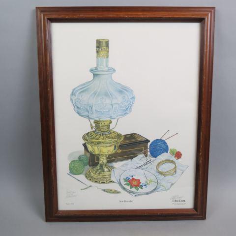 C. Don Ensor, lithograph "Sew Peaceful": Aladdin Lamp, music box, and needlework, image area 24" x 18", signed.