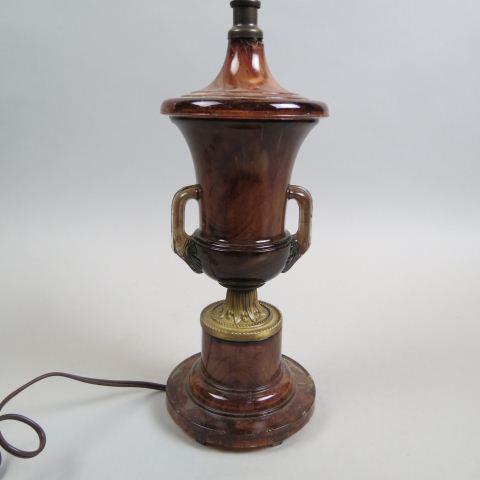 Aladdin Art Glass Table Lamp, 1933,: marbilized browns & wine colors, classic urn design, 12" body, excellent.