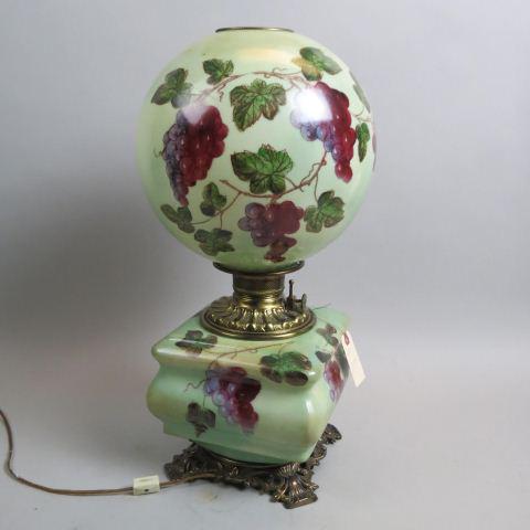 Antique Parlor Lamp,: handpainted grape and vine, matching globe, bronzed base, 10" diameter, 21" tall, electrified.