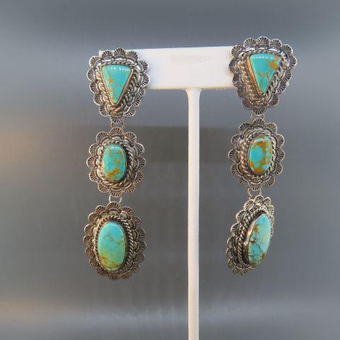 Navajo Style Turquoise & Sterling Earrings,: A trio of designs in dangling style, 3" long, converted to screw back style.