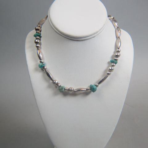 Native American Sterling & Turquoise Bead Necklace: 17" long