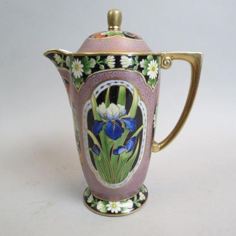 Nippon Handpainted Porcelain Chocolate Pot,: Art Deco style floral, gold trim, signed, 9.5", excellent