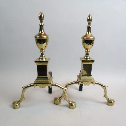 Pair of Brass Andirons,: classic urn design, paw feet, 18.5" tall