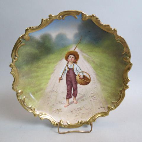 Limoges Handpainted Porcelain Charger,: "Young Fisherman" signed Baumy, boy with cane pole and basket on a country road, gold trim, 12.5", excellent