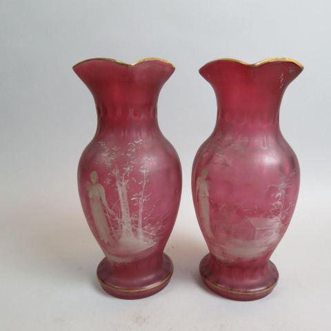 Pair of Victorian Mary Gregory Cranberry Vases,: white enamel scenes of maiden in forest, gold trim, 12".