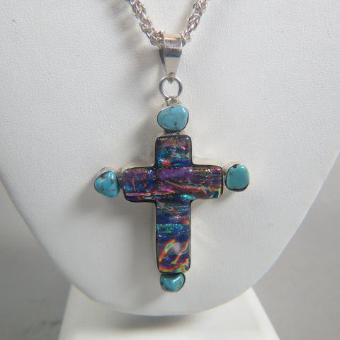 Sterling Necklace with Art Glass Turquoise Cross,: cross pendant has a rich peacock color, iridescent art glass with turquoise on ends, 2 1/2" pendant on 16" Byzantine link chain, 36 grams.