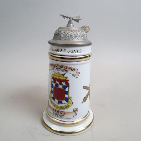 Regimental Porcelain Lithopane Stein,: 1st Missile, BN, 32nd Artillery Army, Hanau, Germany, Major Dillard F. Jones, figural pewter top with missile, lithopane of nude woman in base, 8 1/2", excellent.