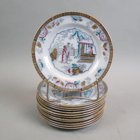 12 English Ironstone Plates Oriental Design,: floral borders, 8", mid 19th century.