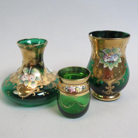3 pcs. Enameled Emerald Art Glass,: heavy gold work, two vases and a toothpick holder, 2"x4", excellent