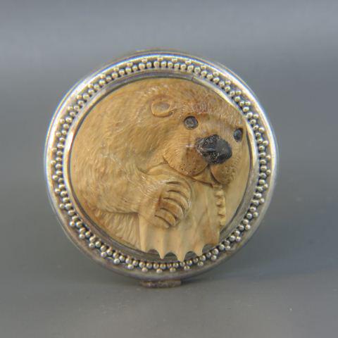 Sterling & Carved Antler Brooch With Beaver,: fine high relief carving, with pendant loop, 1 3/8" diameter.