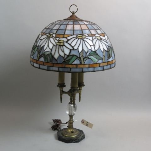 Leaded Glass Table Lamp Pairpoint Base Somers Shade,: a fine floral 18" diameter shade on a Pairpoint silvered base with Rock Crystal style cut trim, 27" tall.