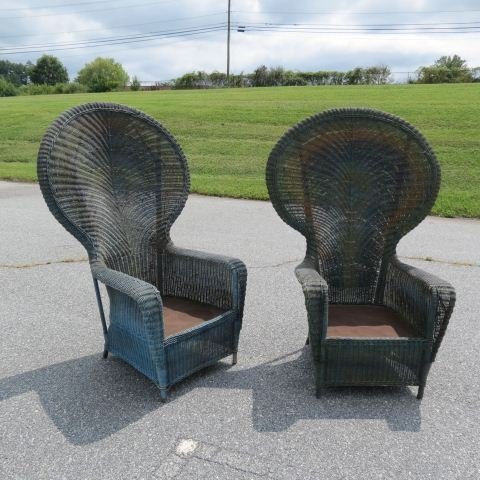 Pair of Antique Wicker Fan Back Chairs,: by Tampa Wicker Furniture Company, 58" tall backs.