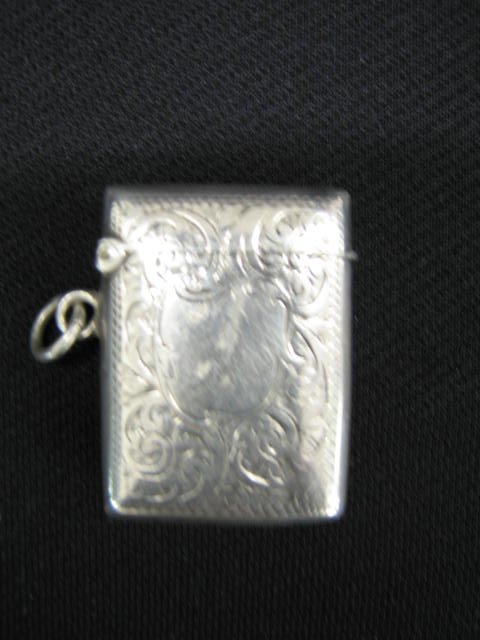 Victorian English Sterling Match Safe or Vesta, wa: watch chain or chatelaine loop, fancy engraving, 1 1/4" x 1 3/4", hallmarked, excellent.
