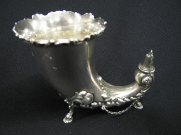 Victorian Sterling Silver Cigar Lamp & Holder, cor: cornucopia style, lighter end and open cigar holder, footed, by Alvin, 4" tall, excellent.