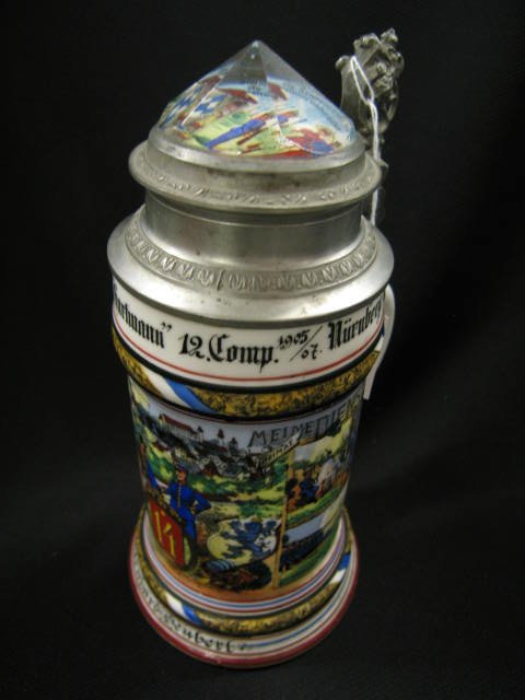 German Regimental Porcelain Stein, 1905-1907, Nurn: 1905-1907, Nurnberg, elaborate prism top inlay pewter lid, 1/2 liter, 9", 14th Infantry, 12 company, excellent.