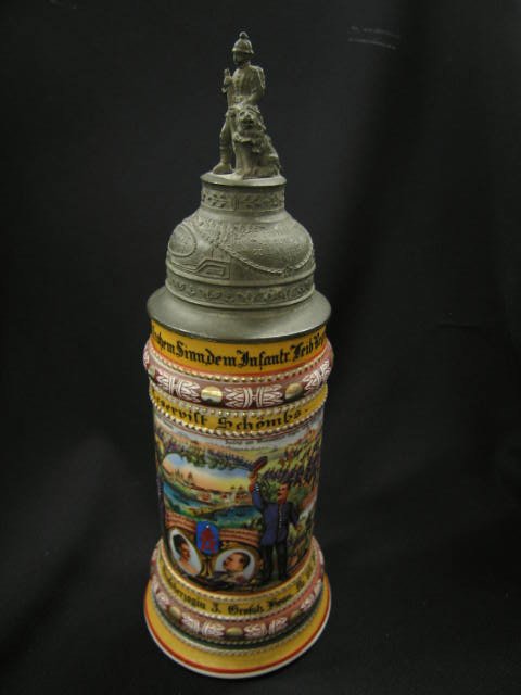 German Regimental Lithopane Porcelain Stein, 11 co: 11 company infantry, 1911-1913, 1/2 liter, 12", figural pewter lid, excellent.